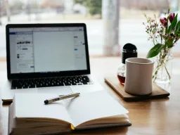 Laptop with book and pen in foreground